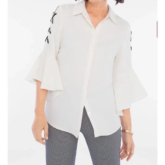 Chico's Lace Up Sleeve Top Women's 2/L Cream Super Wide Bell Sleeves Boho - Picture 1 of 8